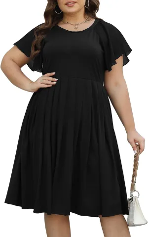 Celkuser Womens Round Neck Chiffon Short Sleeve A-line Midi Dress Casual Summer Dress Whith Pocket