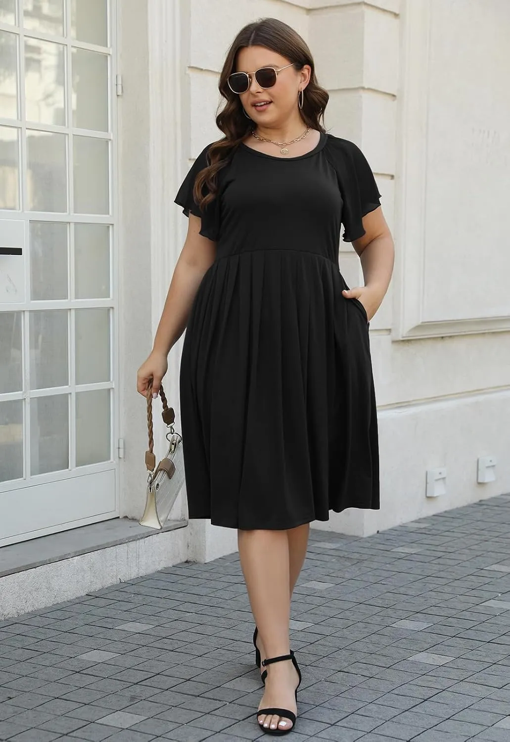 Celkuser Womens Round Neck Chiffon Short Sleeve A-line Midi Dress Casual Summer Dress Whith Pocket