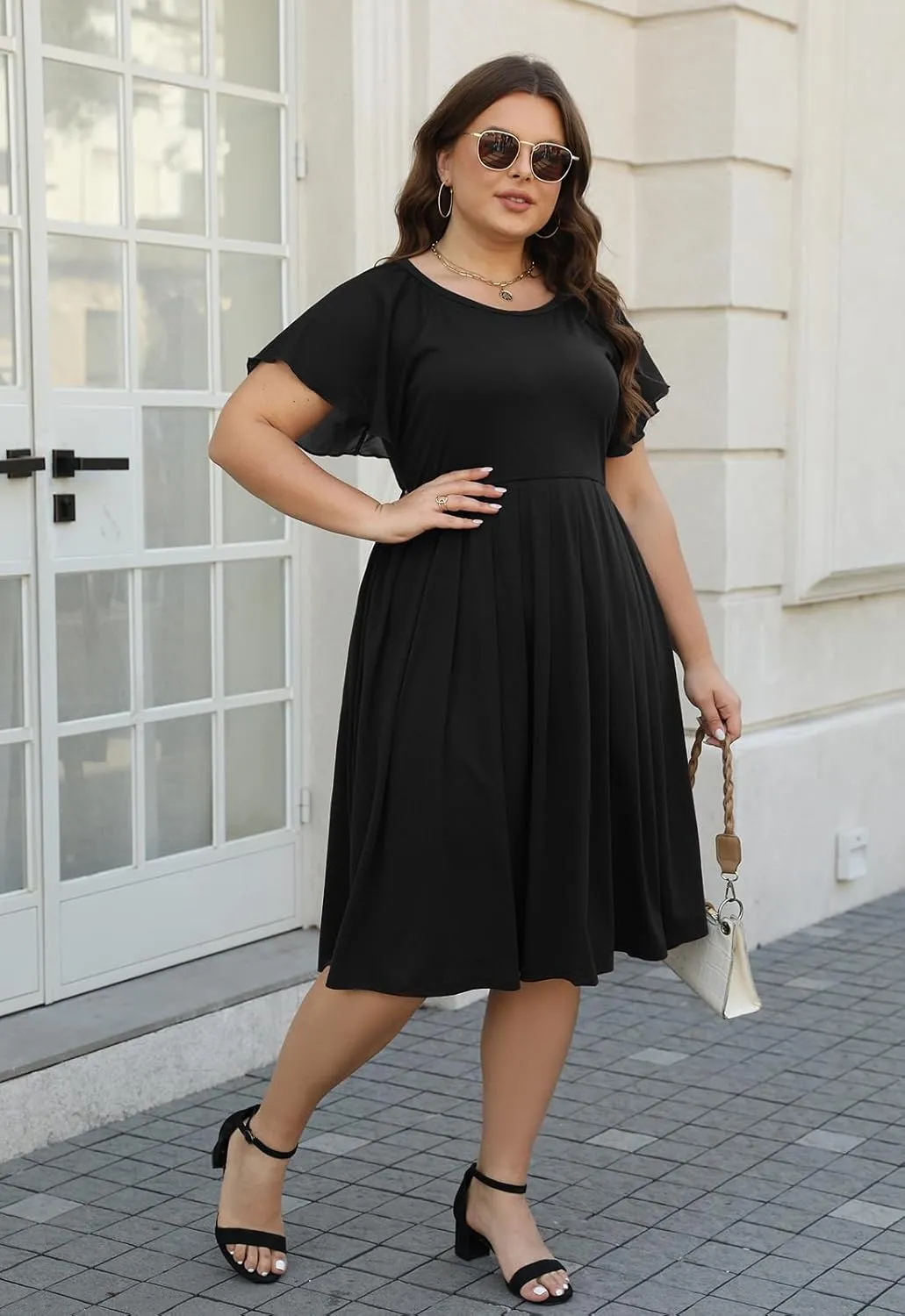 Celkuser Womens Round Neck Chiffon Short Sleeve A-line Midi Dress Casual Summer Dress Whith Pocket