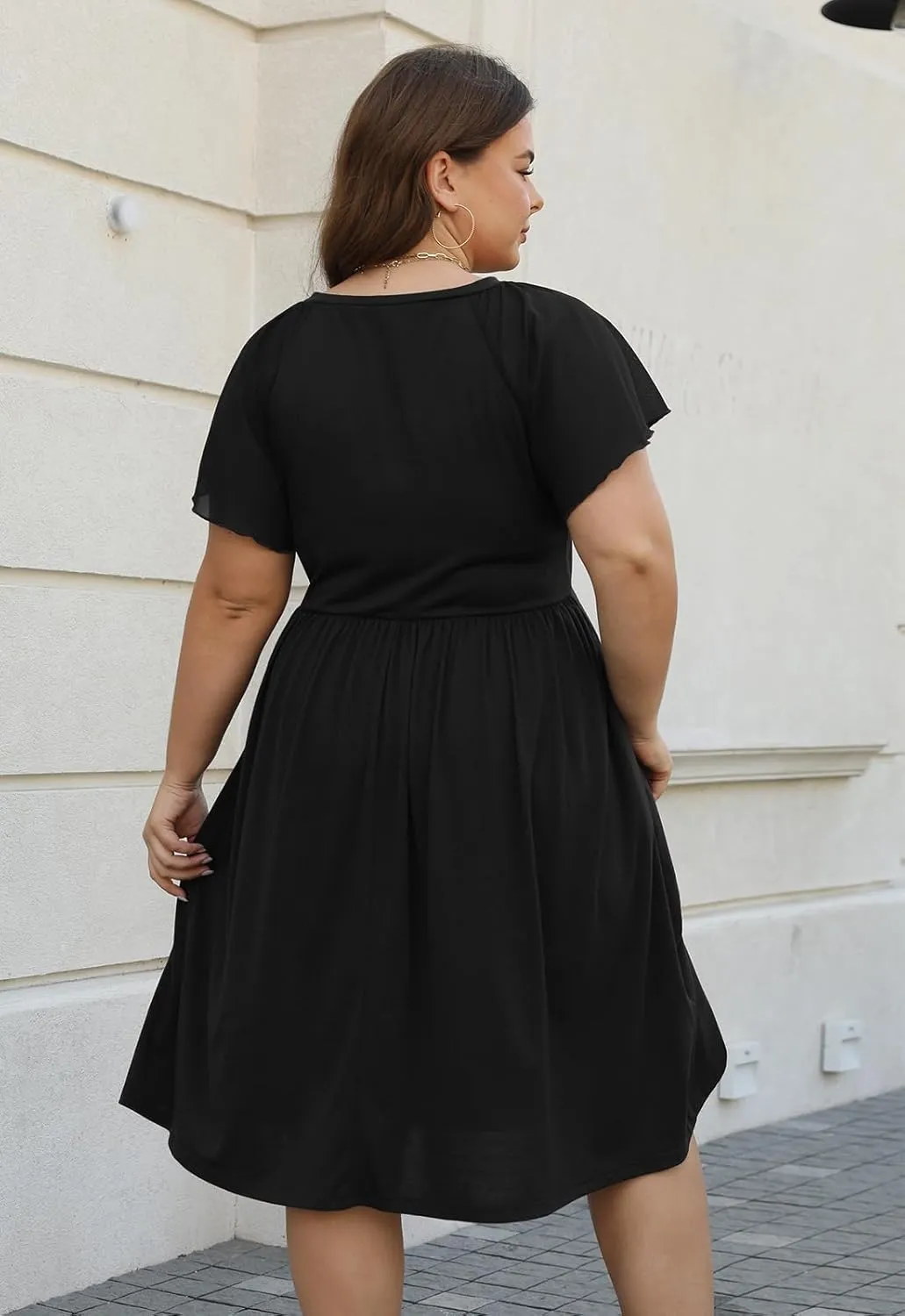 Celkuser Womens Round Neck Chiffon Short Sleeve A-line Midi Dress Casual Summer Dress Whith Pocket