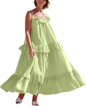 CHARTOU Women's Ruffle Maxi Beach Dress Flowy Long Sleeveless Tiered Lace Up Spaghetti Strap Summer Sundress