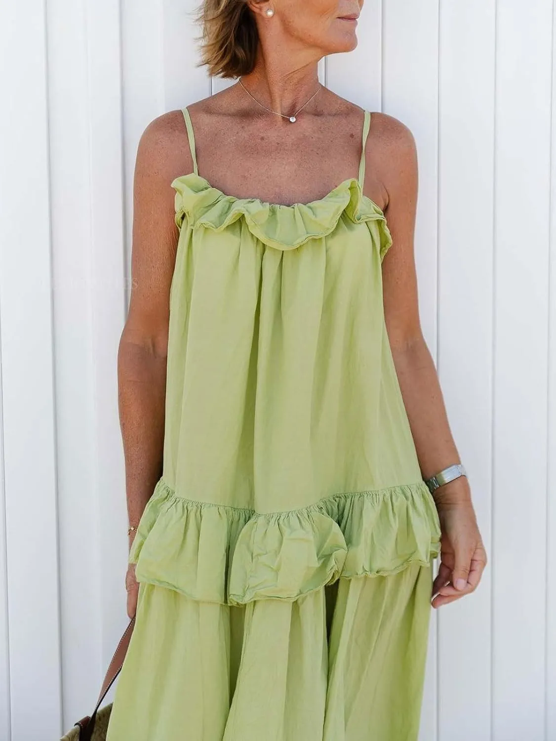 CHARTOU Women's Ruffle Maxi Beach Dress Flowy Long Sleeveless Tiered Lace Up Spaghetti Strap Summer Sundress