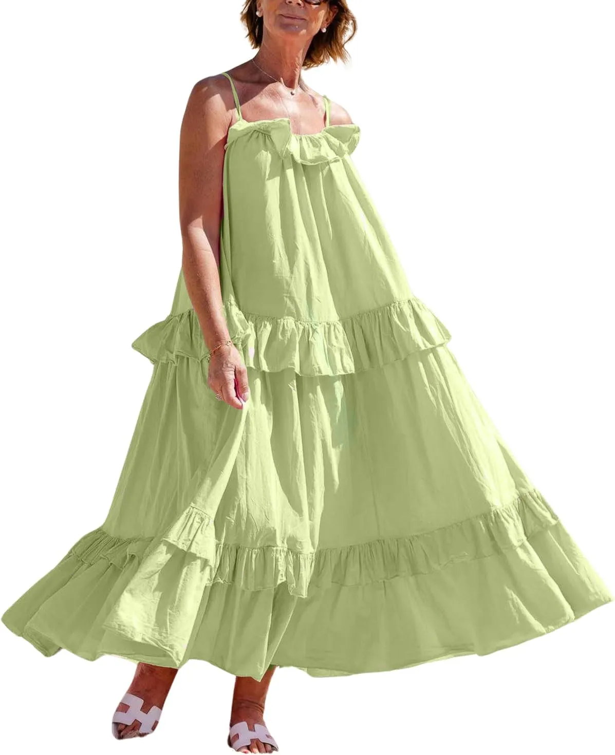 CHARTOU Women's Ruffle Maxi Beach Dress Flowy Long Sleeveless Tiered Lace Up Spaghetti Strap Summer Sundress