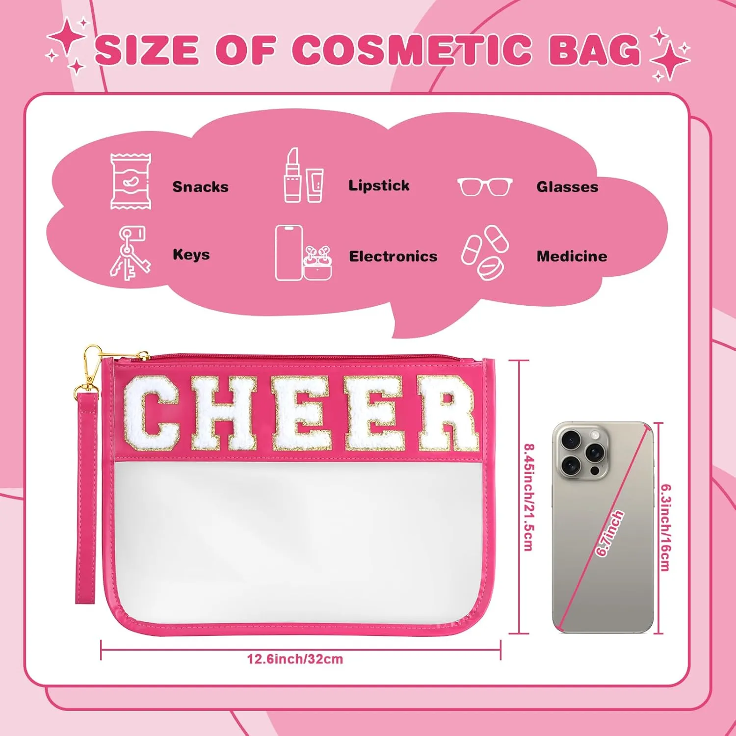 Cheer Bag - Clear Chenille Varsity Letter Flat Pouch with Zipper, Waterproof Clear PVC&PU Preppy Patch Travel Makeup Cosmetic tote Bags for Cheerleader Girls (Rose-Cheer)