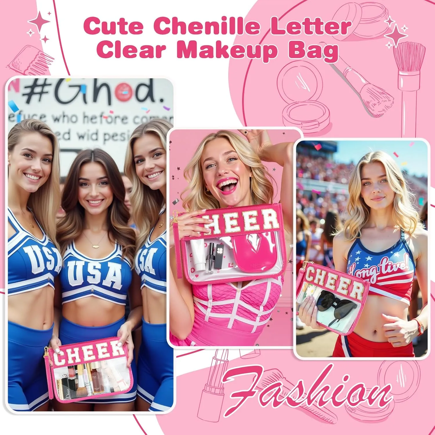 Cheer Bag - Clear Chenille Varsity Letter Flat Pouch with Zipper, Waterproof Clear PVC&PU Preppy Patch Travel Makeup Cosmetic tote Bags for Cheerleader Girls (Rose-Cheer)