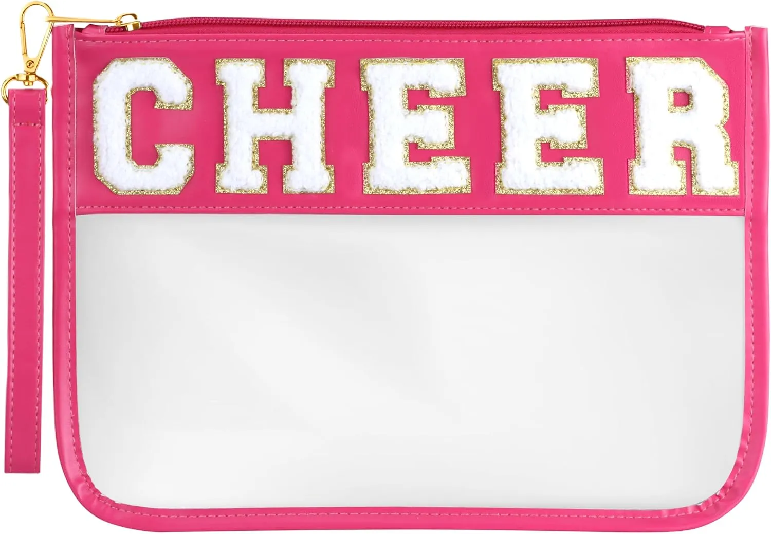 Cheer Bag - Clear Chenille Varsity Letter Flat Pouch with Zipper, Waterproof Clear PVC&PU Preppy Patch Travel Makeup Cosmetic tote Bags for Cheerleader Girls (Rose-Cheer)