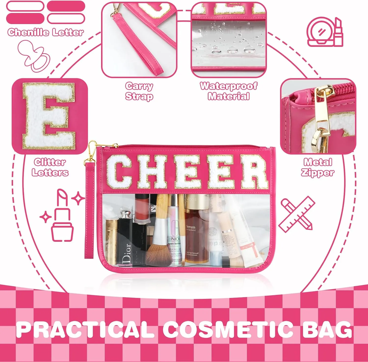 Cheer Bag - Clear Chenille Varsity Letter Flat Pouch with Zipper, Waterproof Clear PVC&PU Preppy Patch Travel Makeup Cosmetic tote Bags for Cheerleader Girls (Rose-Cheer)