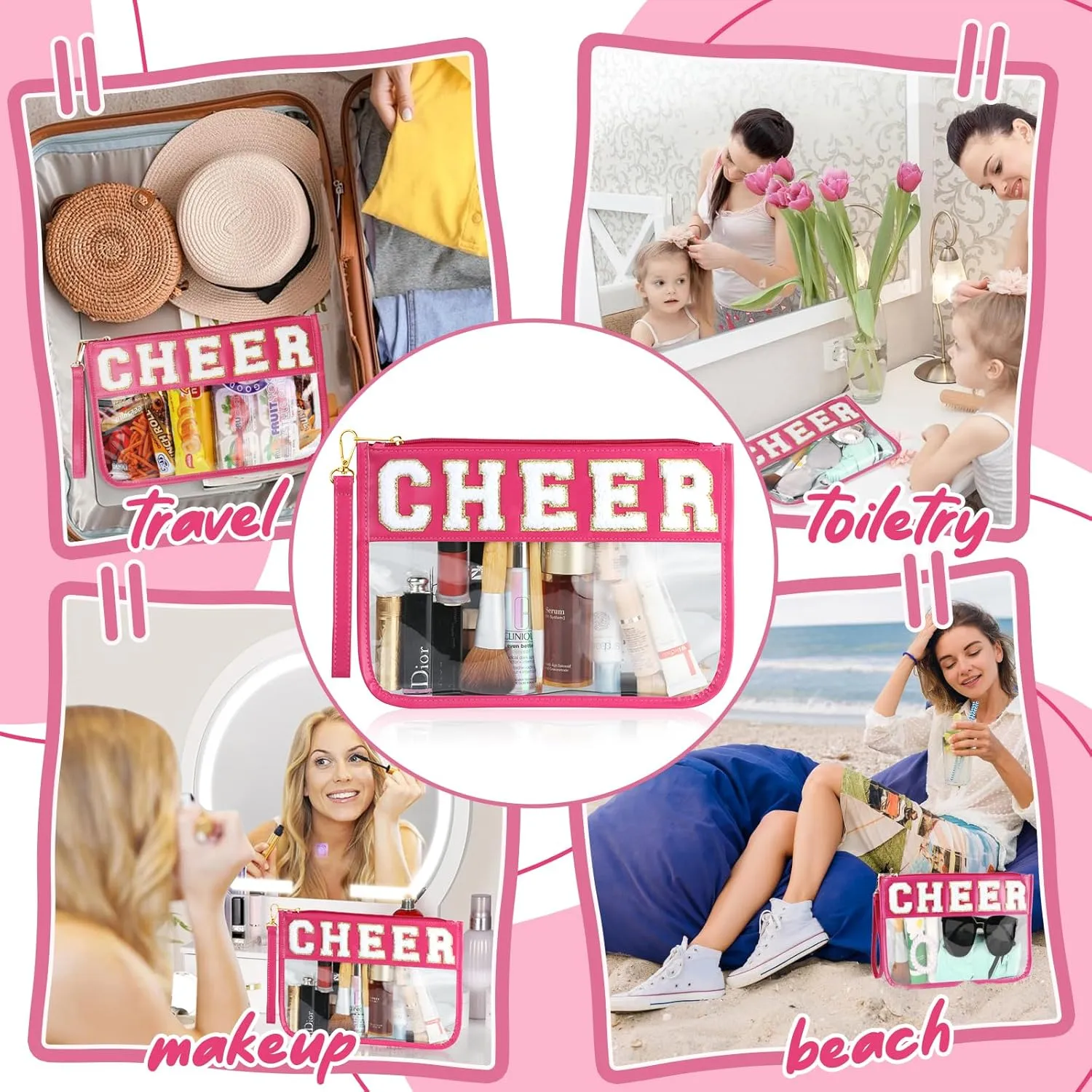 Cheer Bag - Clear Chenille Varsity Letter Flat Pouch with Zipper, Waterproof Clear PVC&PU Preppy Patch Travel Makeup Cosmetic tote Bags for Cheerleader Girls (Rose-Cheer)