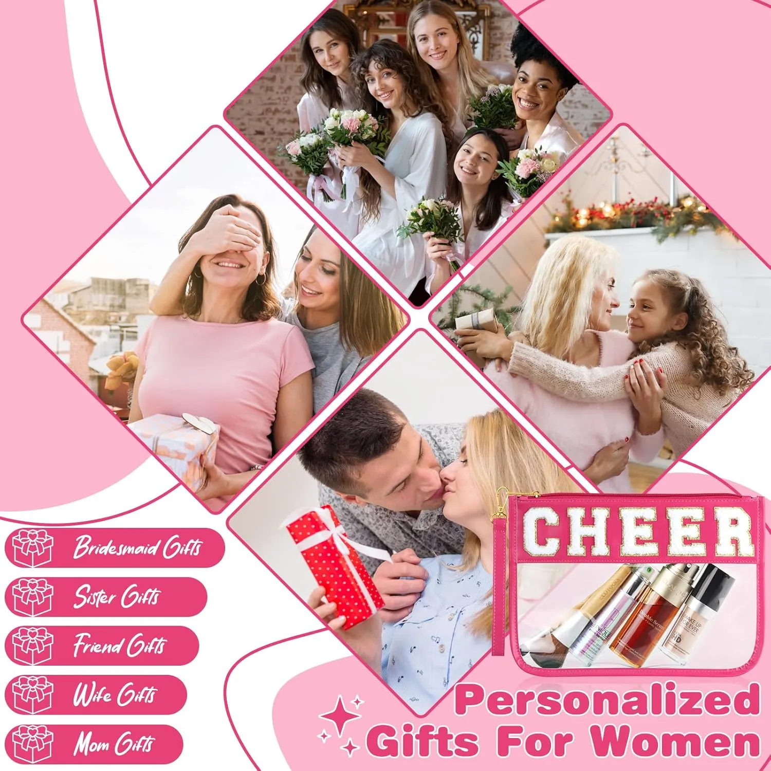 Cheer Bag - Clear Chenille Varsity Letter Flat Pouch with Zipper, Waterproof Clear PVC&PU Preppy Patch Travel Makeup Cosmetic tote Bags for Cheerleader Girls (Rose-Cheer)