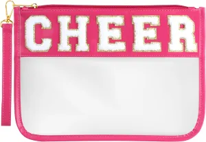 Cheer Bag - Clear Chenille Varsity Letter Flat Pouch with Zipper, Waterproof Clear PVC&PU Preppy Patch Travel Makeup Cosmetic tote Bags for Cheerleader Girls (Rose-Cheer)