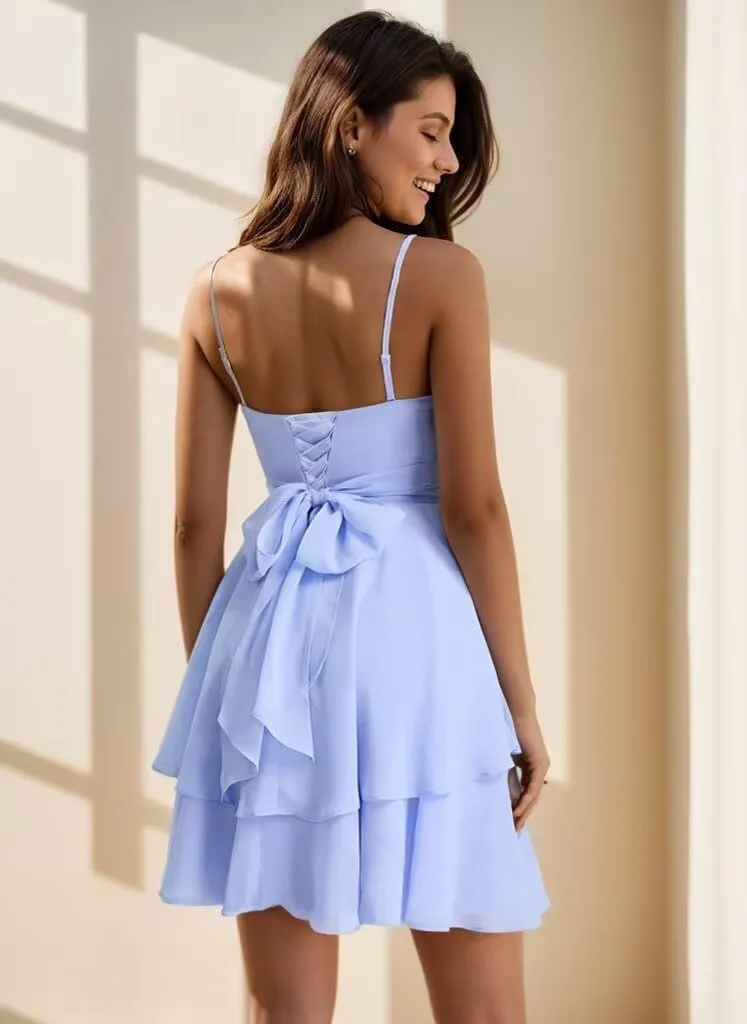 Chiffon Bridesmaid Dress Tiered Prom Dress Spaghetti Strap V Neck Mini Cocktail Gowns