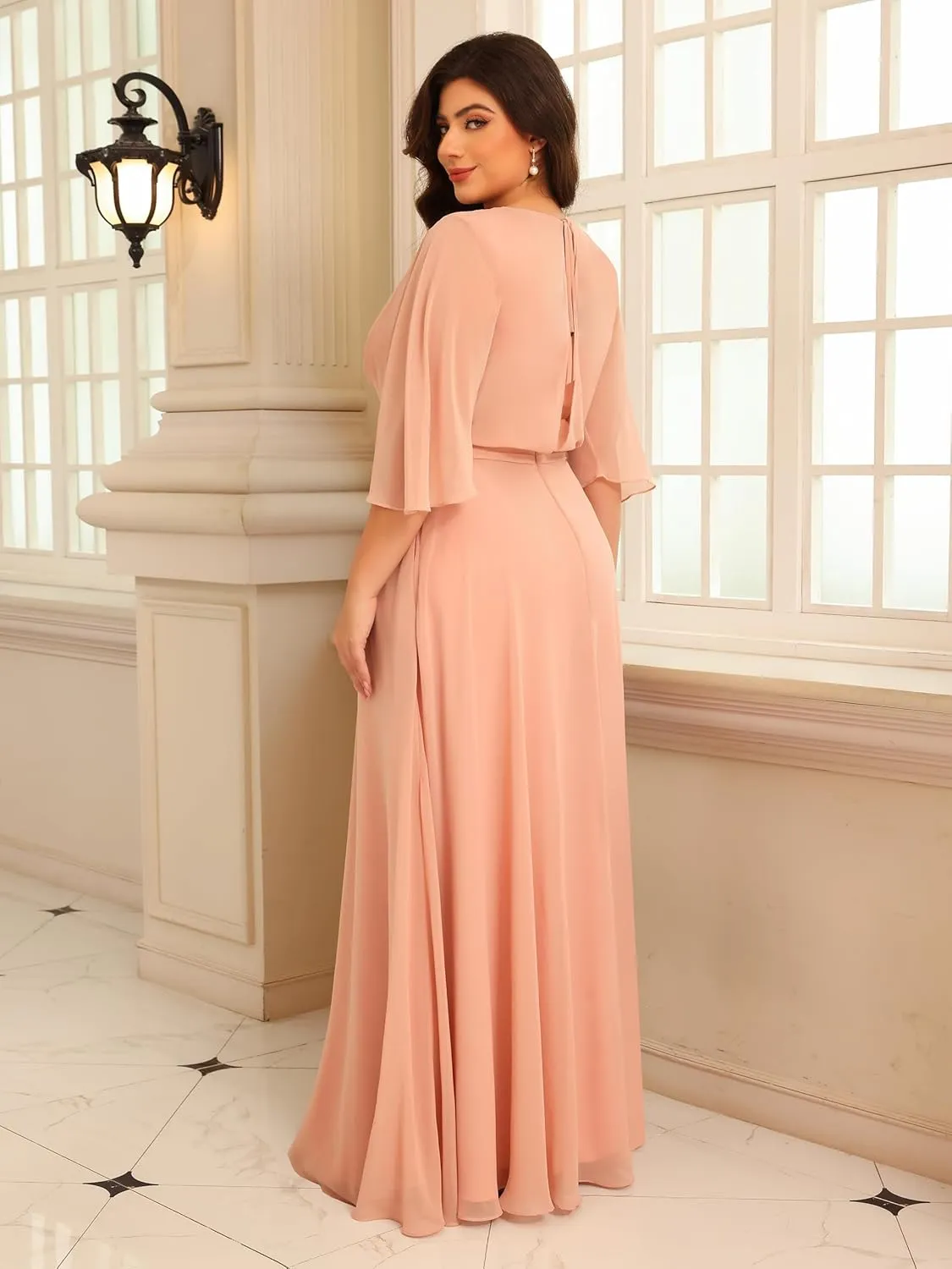 Chiffon Mother of The Bride Dresses 2025 3/4 Sleeves Formal Dress V Neck Ruched Evening Dress with Pockets