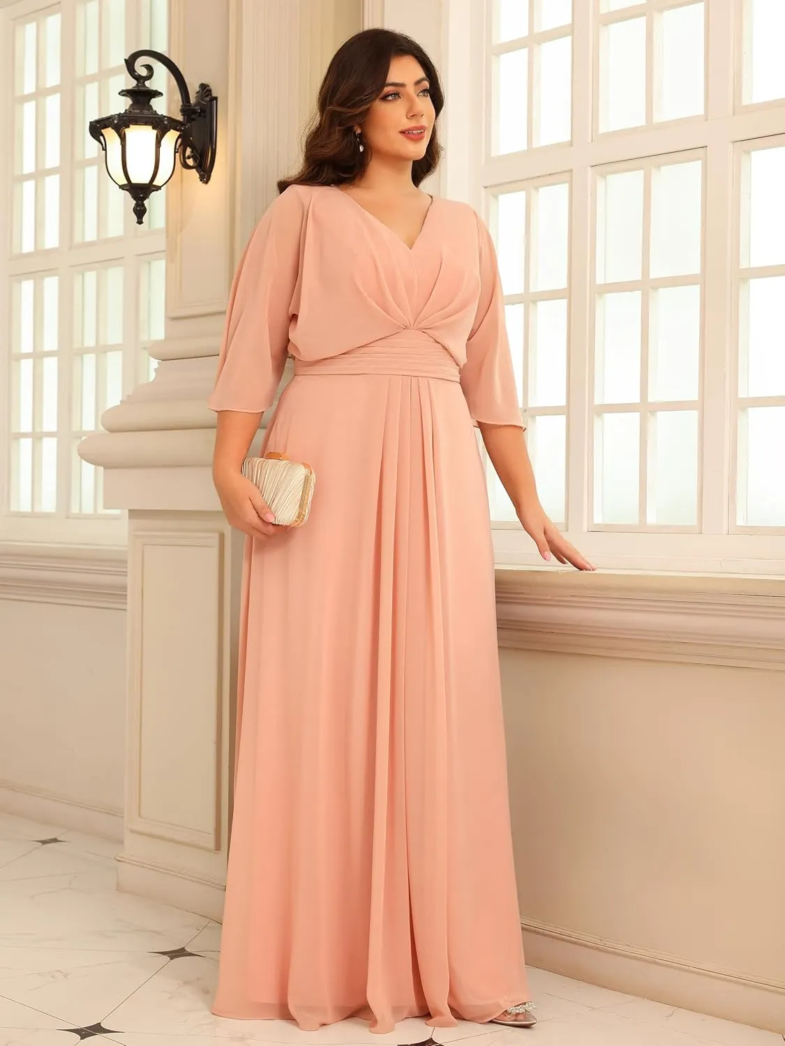 Chiffon Mother of The Bride Dresses 2025 3/4 Sleeves Formal Dress V Neck Ruched Evening Dress with Pockets