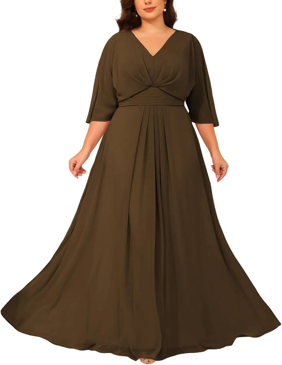 Chiffon Mother of The Bride Dresses 2025 3/4 Sleeves Formal Dress V Neck Ruched Evening Dress with Pockets