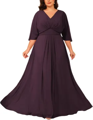 Chiffon Mother of The Bride Dresses 2025 3/4 Sleeves Formal Dress V Neck Ruched Evening Dress with Pockets