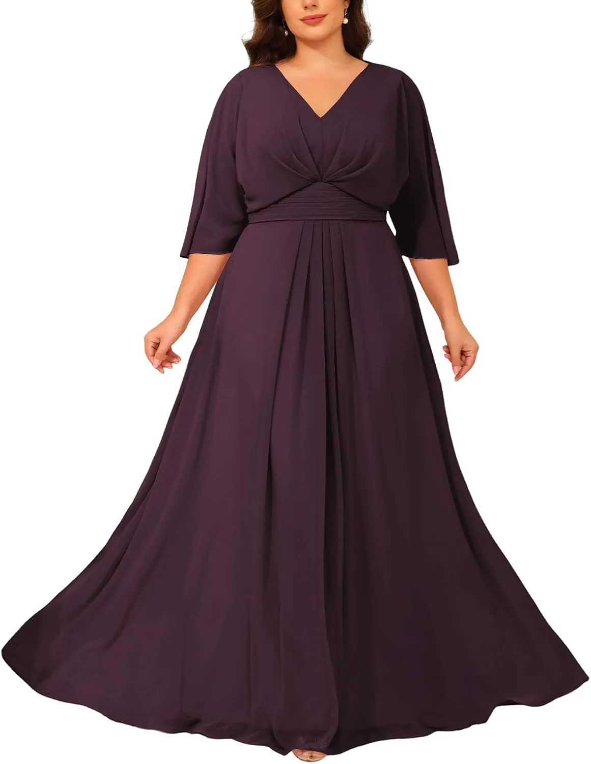 Chiffon Mother of The Bride Dresses 2025 3/4 Sleeves Formal Dress V Neck Ruched Evening Dress with Pockets