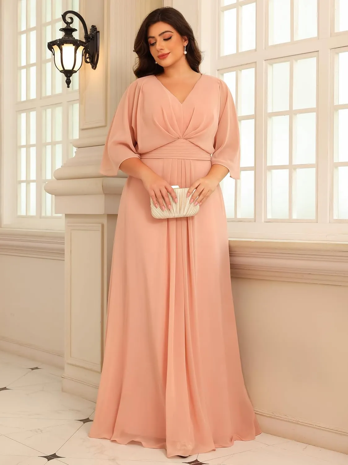 Chiffon Mother of The Bride Dresses 2025 3/4 Sleeves Formal Dress V Neck Ruched Evening Dress with Pockets