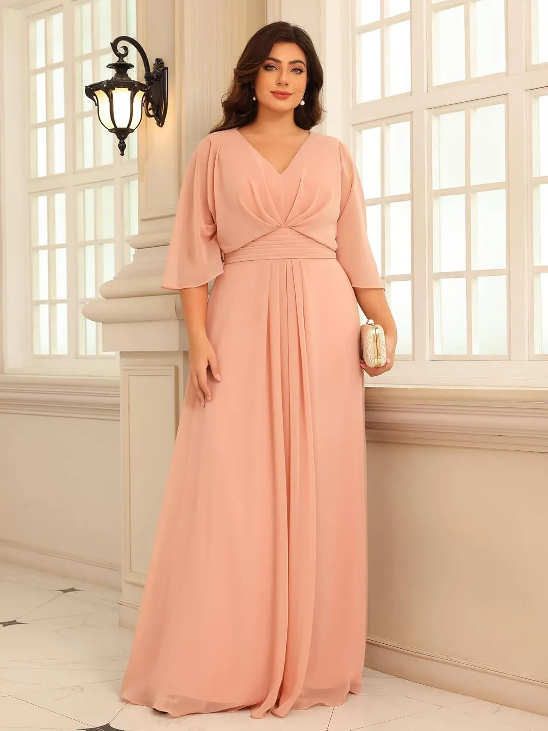 Chiffon Mother of The Bride Dresses 2025 3/4 Sleeves Formal Dress V Neck Ruched Evening Dress with Pockets