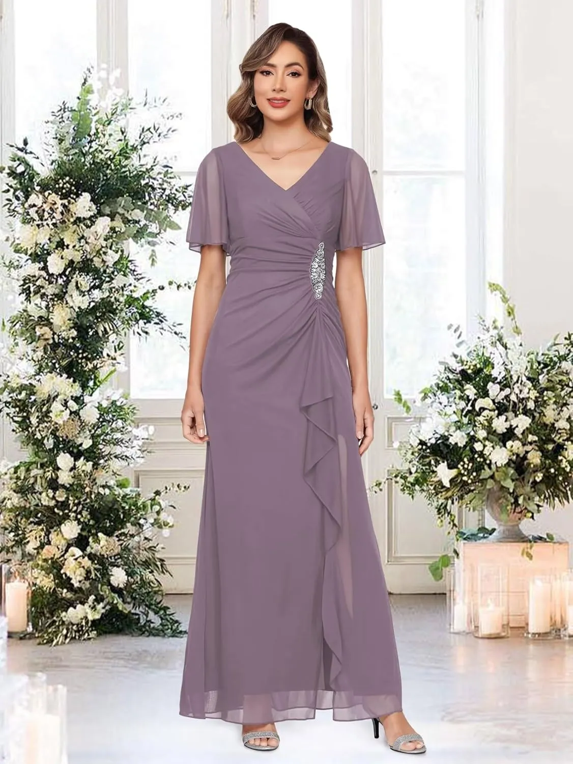 Chiffon Mother of The Bride Dresses with Sleeves V Neck Beaded Ruffled Formal Evening Dress LA046