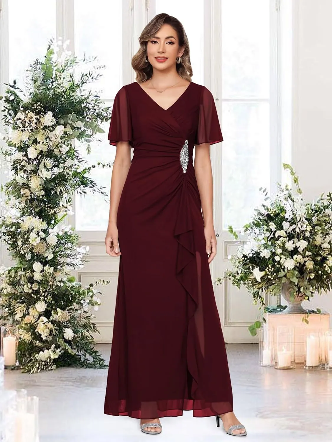 Chiffon Mother of The Bride Dresses with Sleeves V Neck Beaded Ruffled Formal Evening Dress LA046