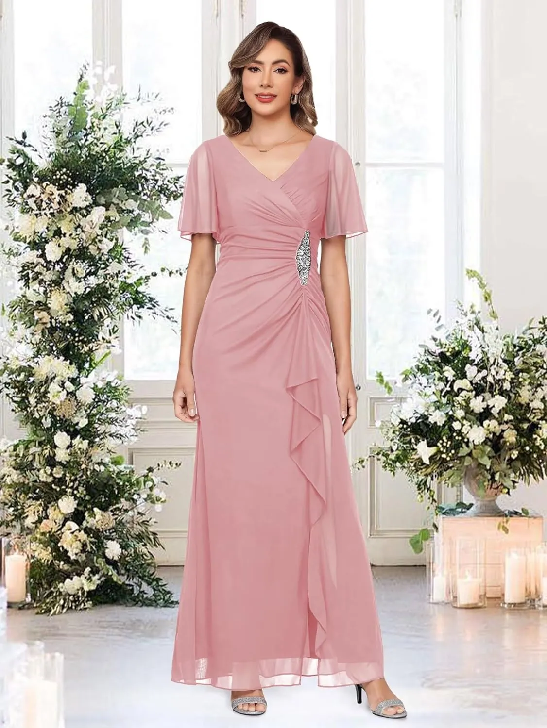 Chiffon Mother of The Bride Dresses with Sleeves V Neck Beaded Ruffled Formal Evening Dress LA046