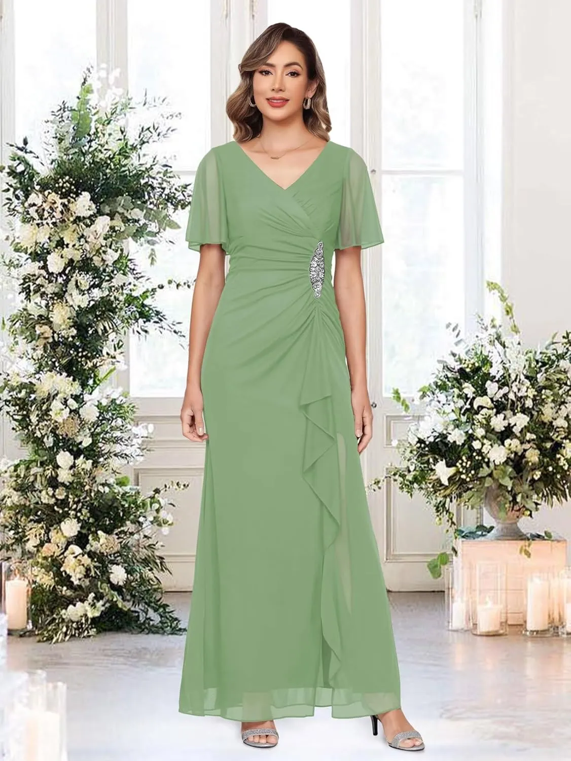 Chiffon Mother of The Bride Dresses with Sleeves V Neck Beaded Ruffled Formal Evening Dress LA046