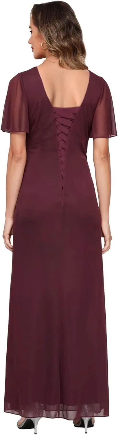 Chiffon Mother of The Bride Dresses with Sleeves V Neck Beaded Ruffled Formal Evening Dress LA046