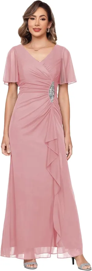 Chiffon Mother of The Bride Dresses with Sleeves V Neck Beaded Ruffled Formal Evening Dress LA046