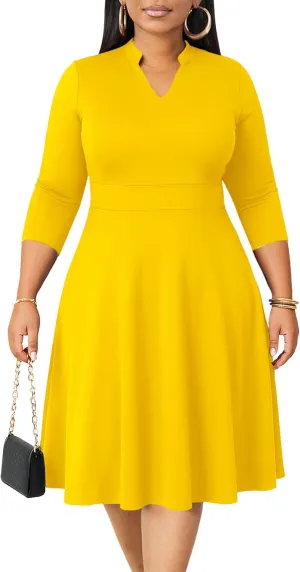 CLOCOR Plus Size Dress for Women Semi Formal Church 3/4 Sleeve Fit and Flare Casual Dresses V Neck with Pockets