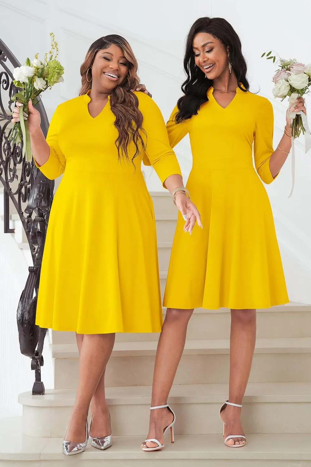 CLOCOR Plus Size Dress for Women Semi Formal Church 3/4 Sleeve Fit and Flare Casual Dresses V Neck with Pockets