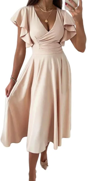 Cocktail Dresses for Women 2025 Wedding Guest Dress Ruffle Cap Sleeve Formal Dresses Wrap V Neck A-Line Midi Dress
