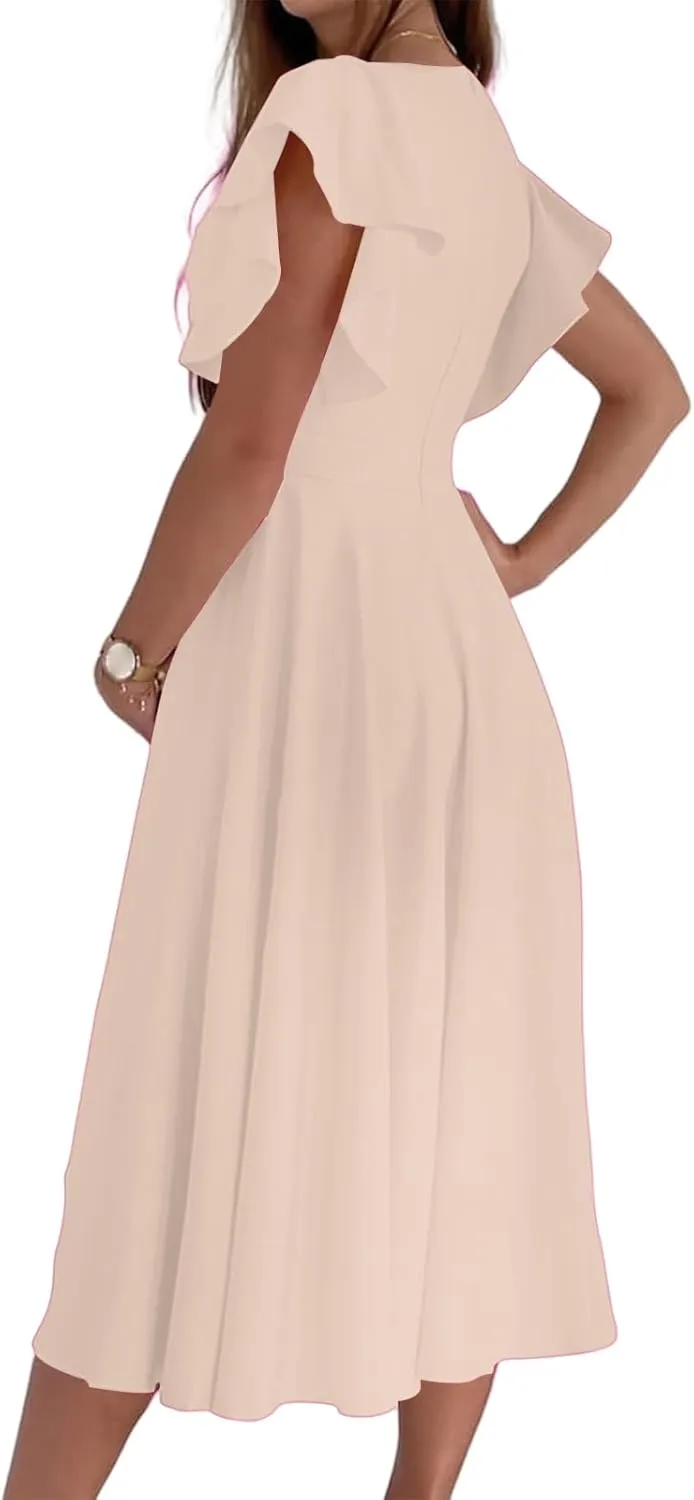 Cocktail Dresses for Women 2025 Wedding Guest Dress Ruffle Cap Sleeve Formal Dresses Wrap V Neck A-Line Midi Dress