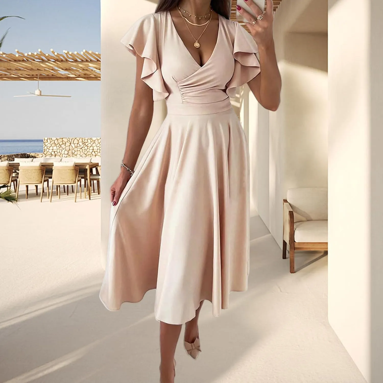 Cocktail Dresses for Women 2025 Wedding Guest Dress Ruffle Cap Sleeve Formal Dresses Wrap V Neck A-Line Midi Dress