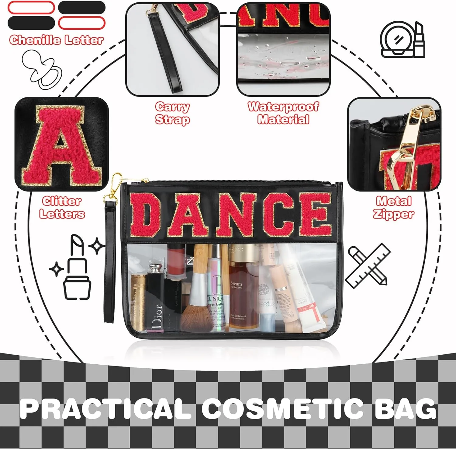 Dance Makeup Bag - Clear Chenille Varsity Letter Flat Pouch with Zipper, Waterproof Clear PVC&PU Preppy Patch Travel Makeup Cosmetic tote Bags for Women Girls (Black-Dance)