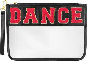 Dance Makeup Bag - Clear Chenille Varsity Letter Flat Pouch with Zipper, Waterproof Clear PVC&PU Preppy Patch Travel Makeup Cosmetic tote Bags for Women Girls (Black-Dance)
