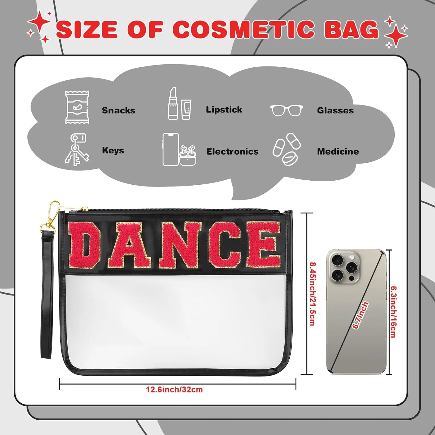 Dance Makeup Bag - Clear Chenille Varsity Letter Flat Pouch with Zipper, Waterproof Clear PVC&PU Preppy Patch Travel Makeup Cosmetic tote Bags for Women Girls (Black-Dance)