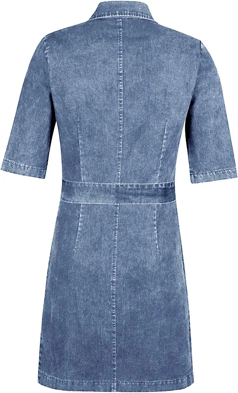 Denim Dress for Women Casual Denim Shirt Dress 2023 Short Sleeve Zip Up Tie Waist Jean Dresses Slim Fitted Casual Sexy