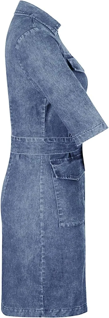 Denim Dress for Women Casual Denim Shirt Dress 2023 Short Sleeve Zip Up Tie Waist Jean Dresses Slim Fitted Casual Sexy