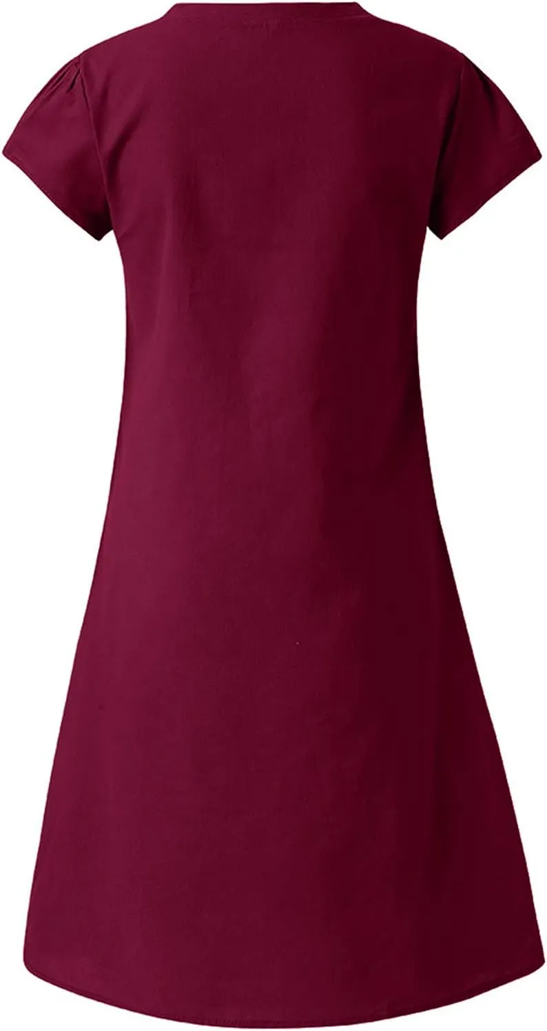 Dresses for Women 2024 Casual Summer Plus Size Short Sleeve V Neck Cotton Linen Dress Boho Beach Loose Midi Dress