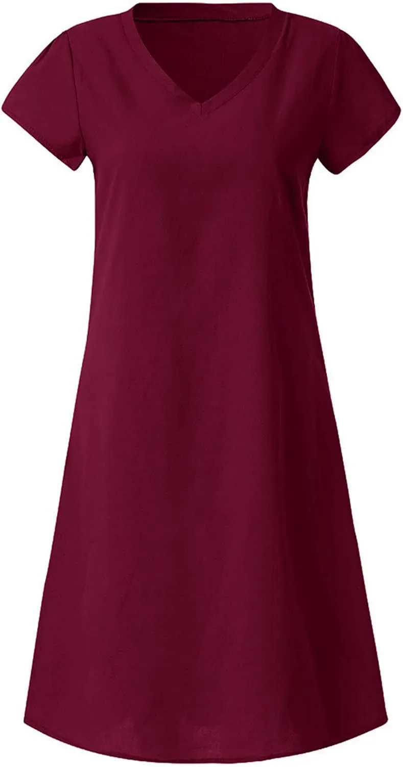 Dresses for Women 2024 Casual Summer Plus Size Short Sleeve V Neck Cotton Linen Dress Boho Beach Loose Midi Dress