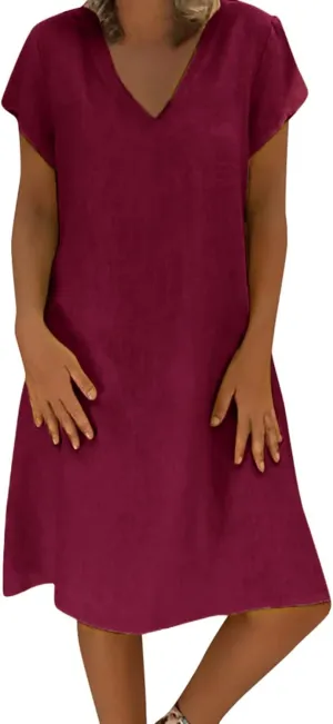 Dresses for Women 2024 Casual Summer Plus Size Short Sleeve V Neck Cotton Linen Dress Boho Beach Loose Midi Dress