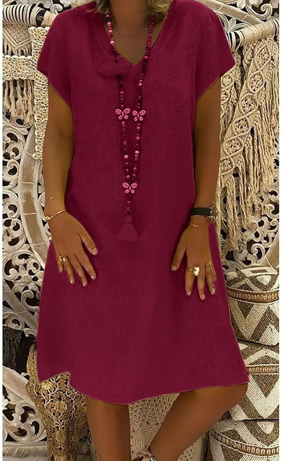 Dresses for Women 2024 Casual Summer Plus Size Short Sleeve V Neck Cotton Linen Dress Boho Beach Loose Midi Dress