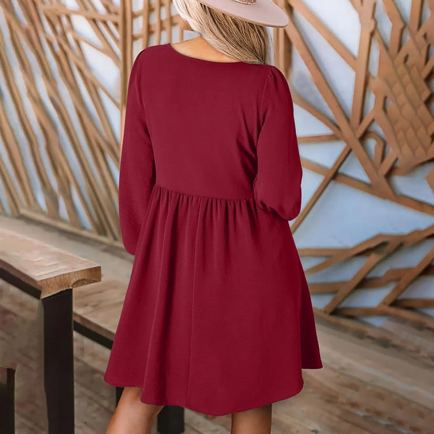 Dresses for Women Casual Fall Long Sleeve Smocked Scoop Neck Button Up Dress Empire Waist Pleated A-Line Mini Dresses