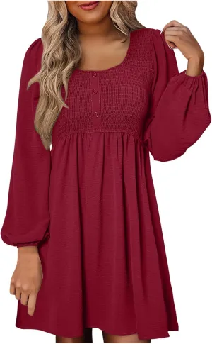 Dresses for Women Casual Fall Long Sleeve Smocked Scoop Neck Button Up Dress Empire Waist Pleated A-Line Mini Dresses