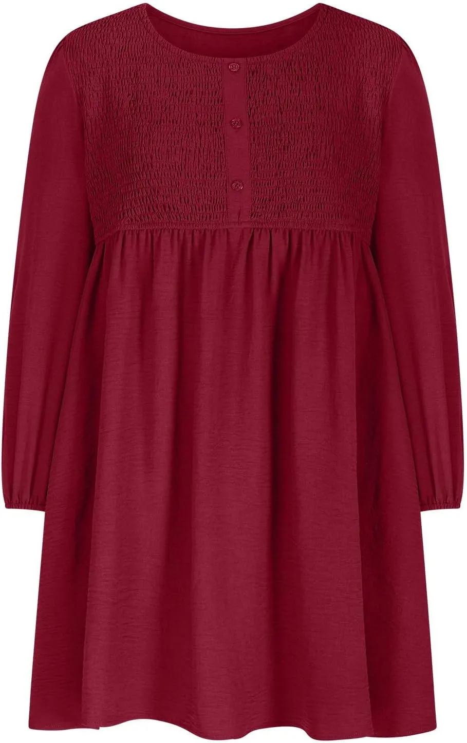Dresses for Women Casual Fall Long Sleeve Smocked Scoop Neck Button Up Dress Empire Waist Pleated A-Line Mini Dresses