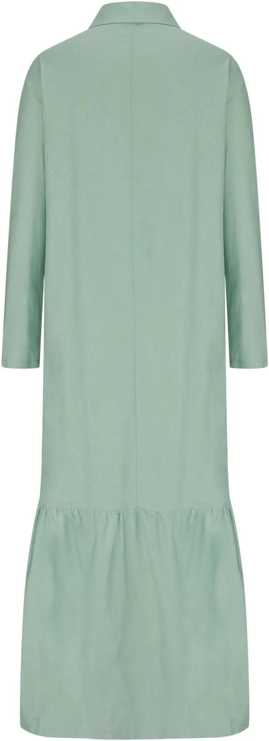 Dresses for Women Cotton Linen Button Down Long Sleeve Dress Beach Vacation Dresses V Neck Trendy Sundress