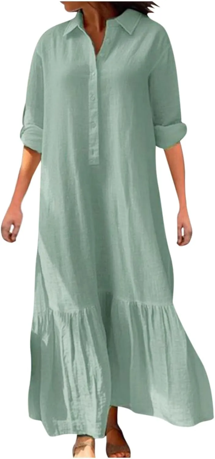 Dresses for Women Cotton Linen Button Down Long Sleeve Dress Beach Vacation Dresses V Neck Trendy Sundress