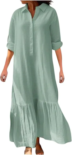 Dresses for Women Cotton Linen Button Down Long Sleeve Dress Beach Vacation Dresses V Neck Trendy Sundress