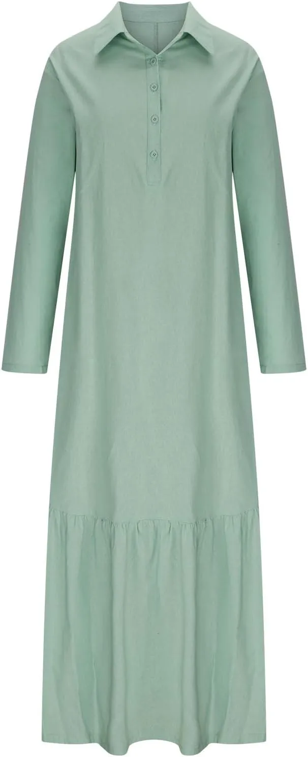 Dresses for Women Cotton Linen Button Down Long Sleeve Dress Beach Vacation Dresses V Neck Trendy Sundress