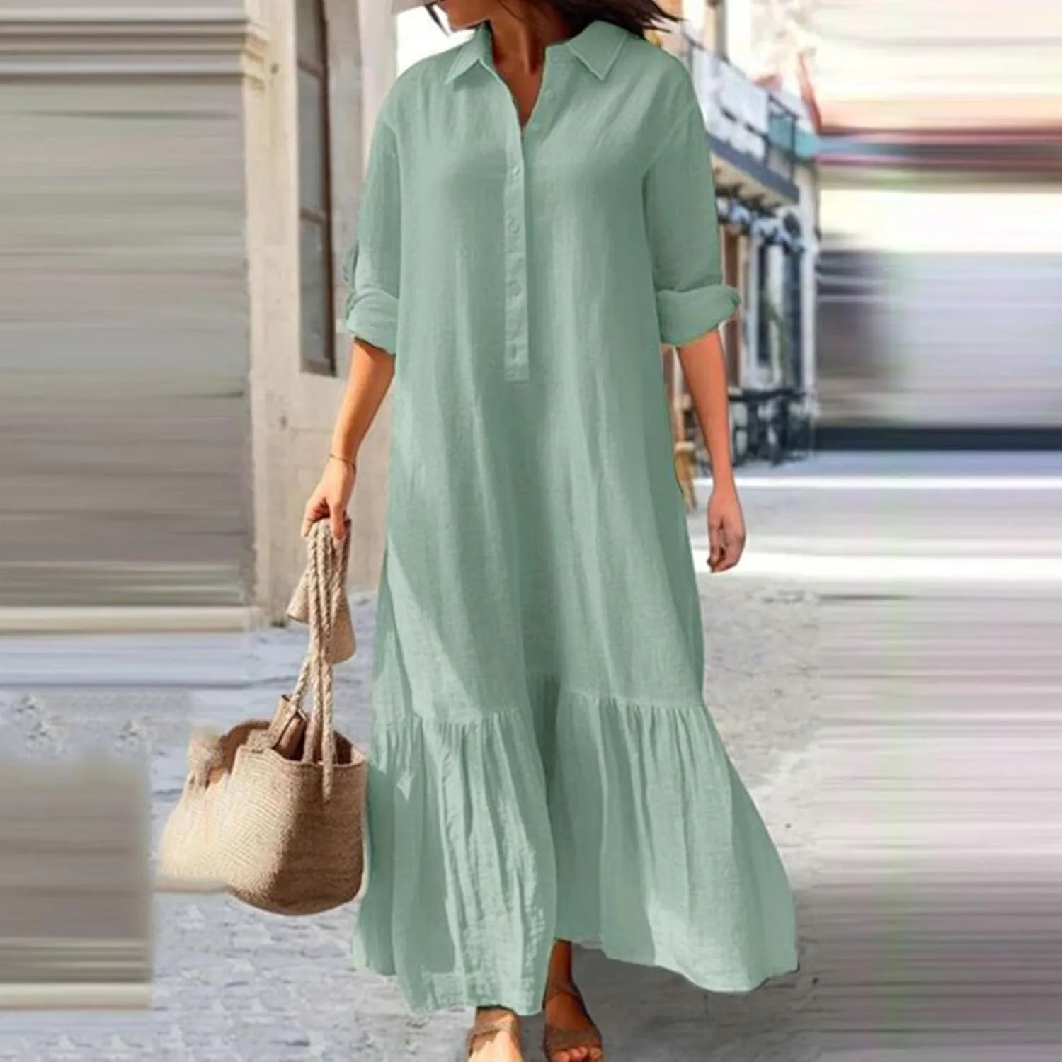 Dresses for Women Cotton Linen Button Down Long Sleeve Dress Beach Vacation Dresses V Neck Trendy Sundress